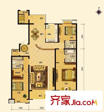 夏威夷水岸1号M户型 4室2厅3卫1厨