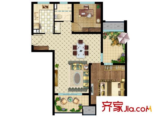 绿地icity109平C-7户型图 3室2厅1卫1厨