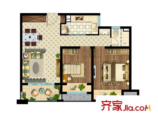 绿地icity83平C-2户型图 2室2厅1卫1厨