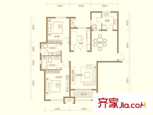 美克嘉美湾洋房C1户型 3室2厅2卫1厨