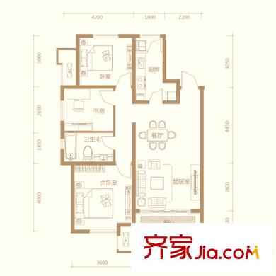 美克嘉美湾高层标准层C1户型 3室2厅1卫1厨