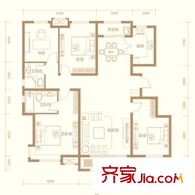 美克嘉美湾高层标准层F户型 4室2厅2卫1厨