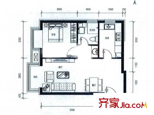 夏威夷蓝湾保障房B1户型 1室1厅1卫1厨