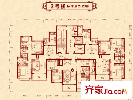 恒大名都3#平层户型图 3室2厅1卫1厨