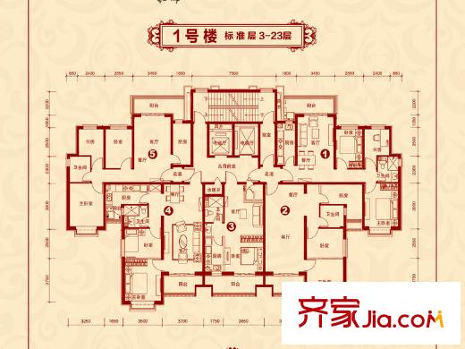 恒大名都1#平层户型图 3室2厅1卫1厨