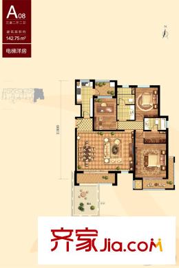 天地凤凰城洋房A08户型 3室2厅2卫1厨