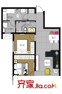 富力新城82平米两居户型图 2室2厅1卫1厨