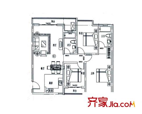 金海湾户型图一期B3-5户型 3室2厅2卫1厨