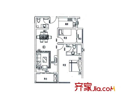 金海湾户型图一期B3-1户型 2室2厅2卫1厨