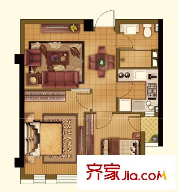 恒元悦庭B户型 2室2厅1卫1厨