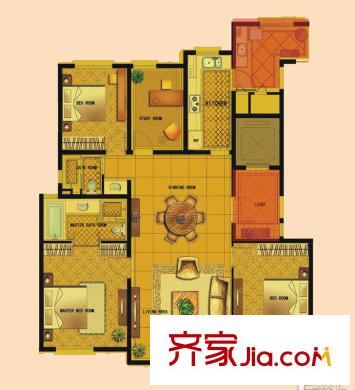 风格平方米院高层标准层L户型 4室2厅2卫1厨