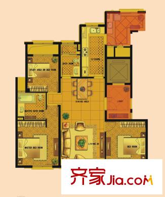 风格平方米院高层标准层K户型 3室2厅2卫1厨