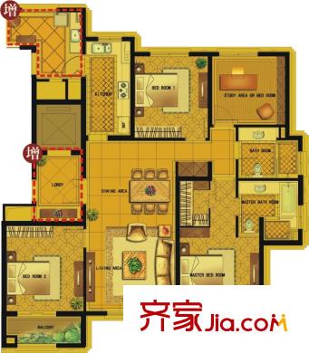 风格平方米院高层标准层J户型 3室2厅3卫1厨