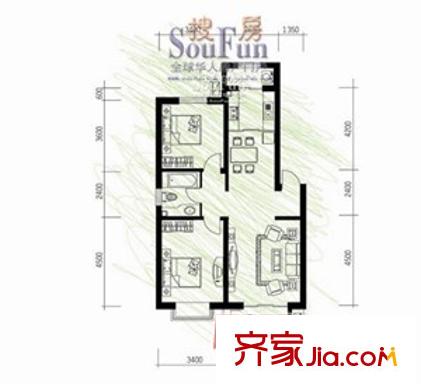 丁香苑户型图两室一厅 2室1厅1卫1厨
