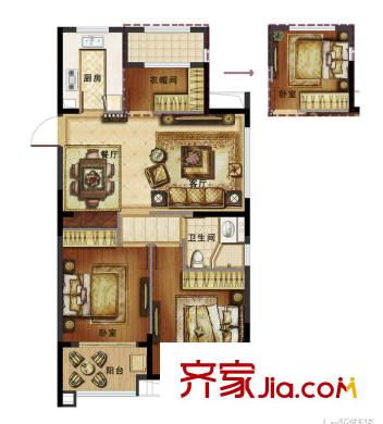 新外滩1号D户型 3室2厅1卫1厨