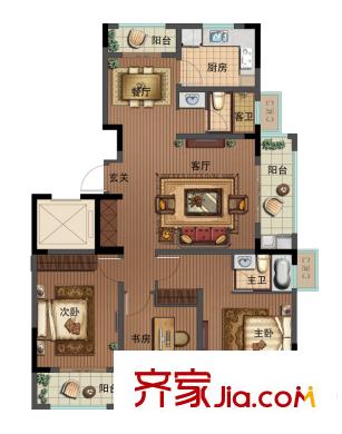 景骐锦源里3、4、9、10#楼B1户型 3室2厅2卫1厨