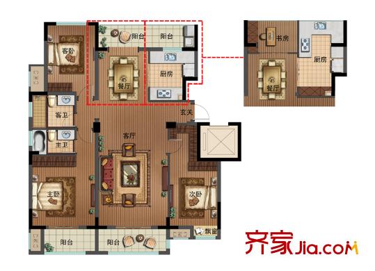 景骐锦源里5、6、11、12#楼A1户型 3室2厅2卫1厨
