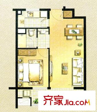 凯德汇豪天下户型图C户型1室1厅1卫1厨62.00平方米 1室1厅1卫1厨