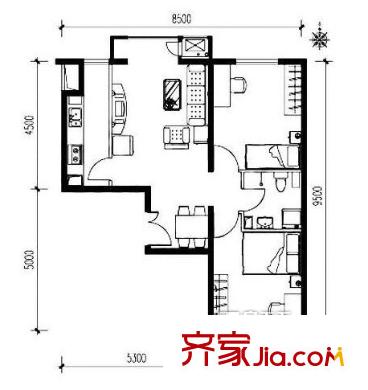 东方威尼斯户型图两室一厅 2室1厅1卫1厨