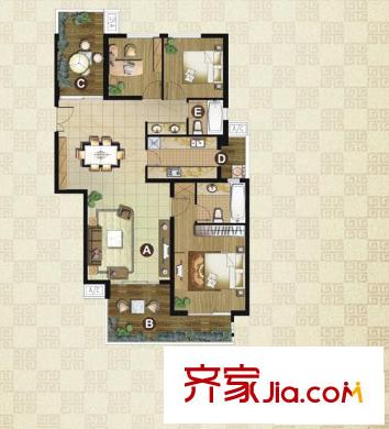 金地国际公馆 3室2厅2卫1厨 户型图