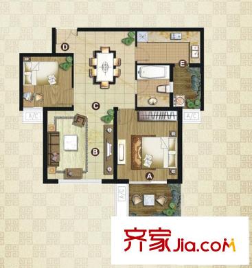 金地国际公馆 2室2厅1卫1厨 户型图