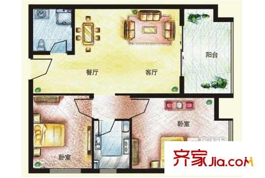 华侨城户型图两室一厅 2室1厅1卫1厨