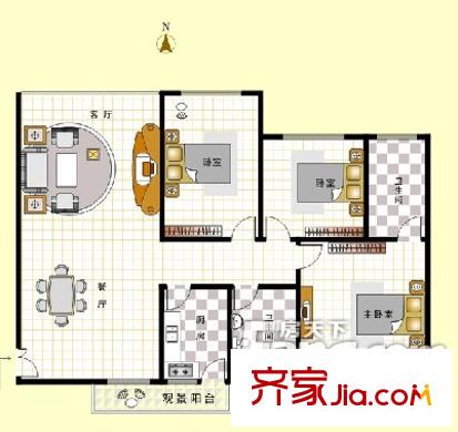 东方瑞市户型图三室一厅 3室1厅1卫1厨