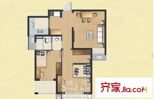 万科金色水岸三期 2室1厅1卫1厨 户型图