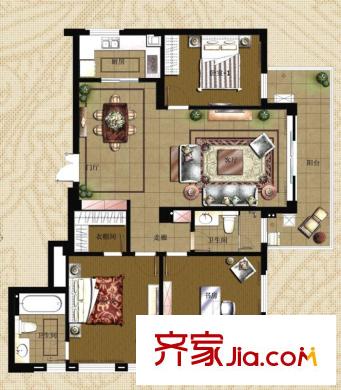 荣安琴湾户型图二期1#B户型 3室2厅1卫1厨