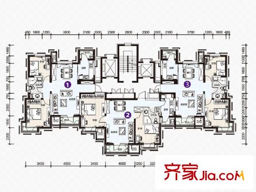 天房美域三期26-28、30-32号楼标准层平层户型 2室2厅1卫1厨