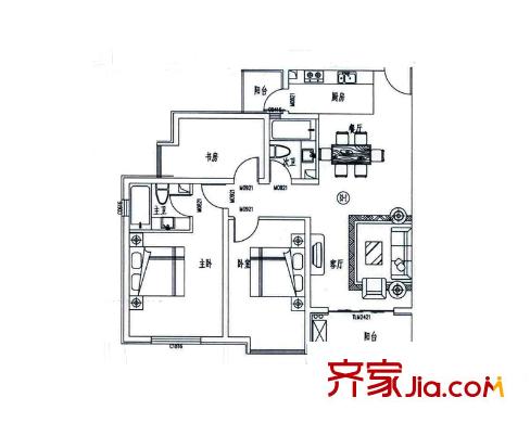 金海湾户型图一期B3-2户型 3室2厅2卫1厨