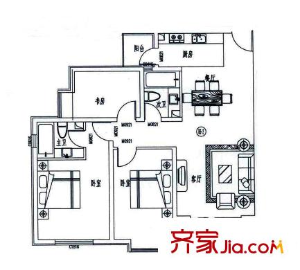 金海湾户型图一期B6-2户型 3室2厅2卫1厨