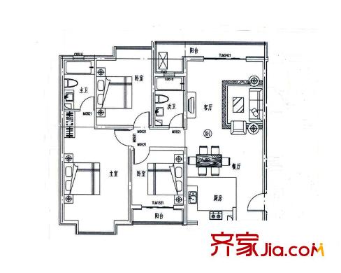 金海湾户型图一期B3-3户型 3室2厅2卫1厨
