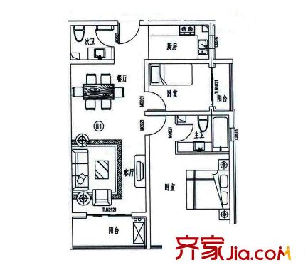 金海湾户型图一期B6-1户型 2室2厅2卫1厨