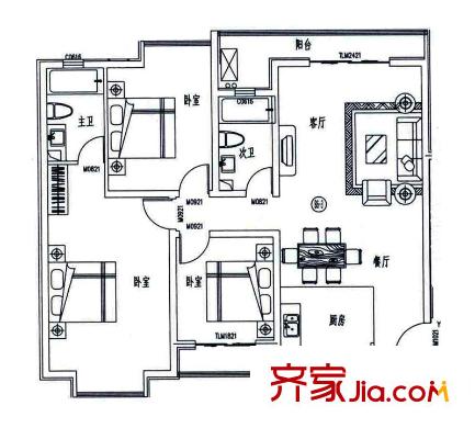金海湾户型图一期B6-3户型 3室2厅2卫1厨