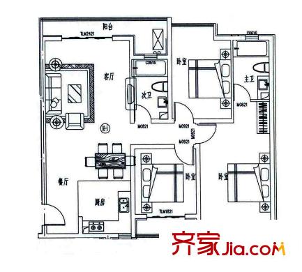 金海湾户型图一期B6-5户型 3室2厅2卫1厨