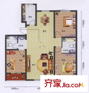 开元豪庭户型图C4户型 3室2厅2卫1厨