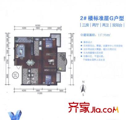 菁华领第户型图2# 3室2厅2卫1厨