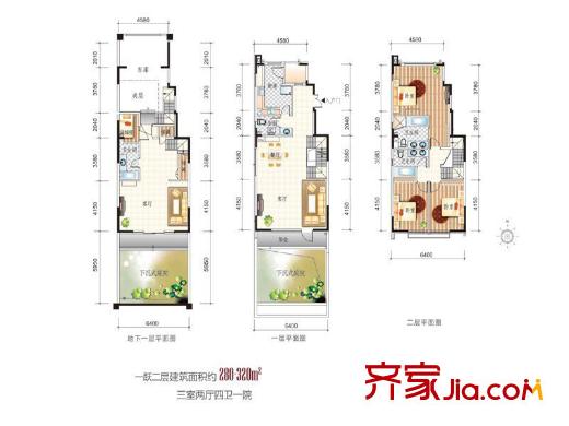 天房美域三期23-25号楼1-2层170平米户型 3室2厅3卫1厨