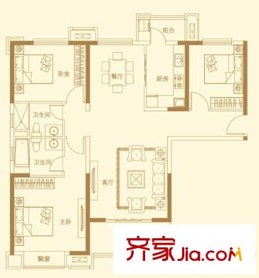 武汉万锦江城户型图C户型 3室2厅2卫1厨