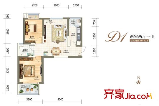 金融街壹号D1户型 2室2厅1卫1厨