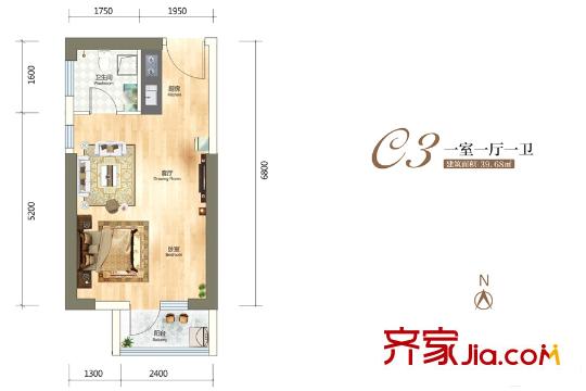 金融街壹号c3户型 1室1厅1卫1厨