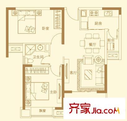 武汉万锦江城户型图A户型 2室2厅1卫1厨