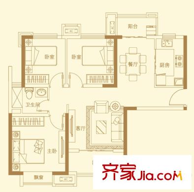 武汉万锦江城户型图B2户型 3室2厅1卫1厨