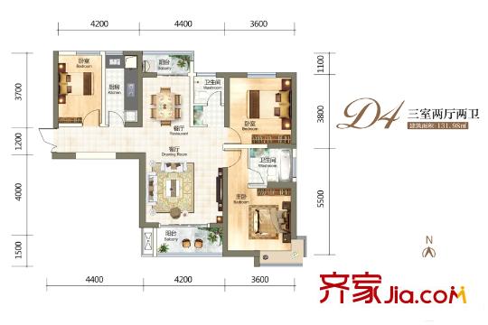 金融街壹号D4户型 3室2厅2卫1厨