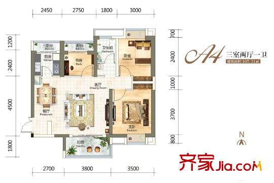 金融街壹号A4户型 3室2厅1卫1厨