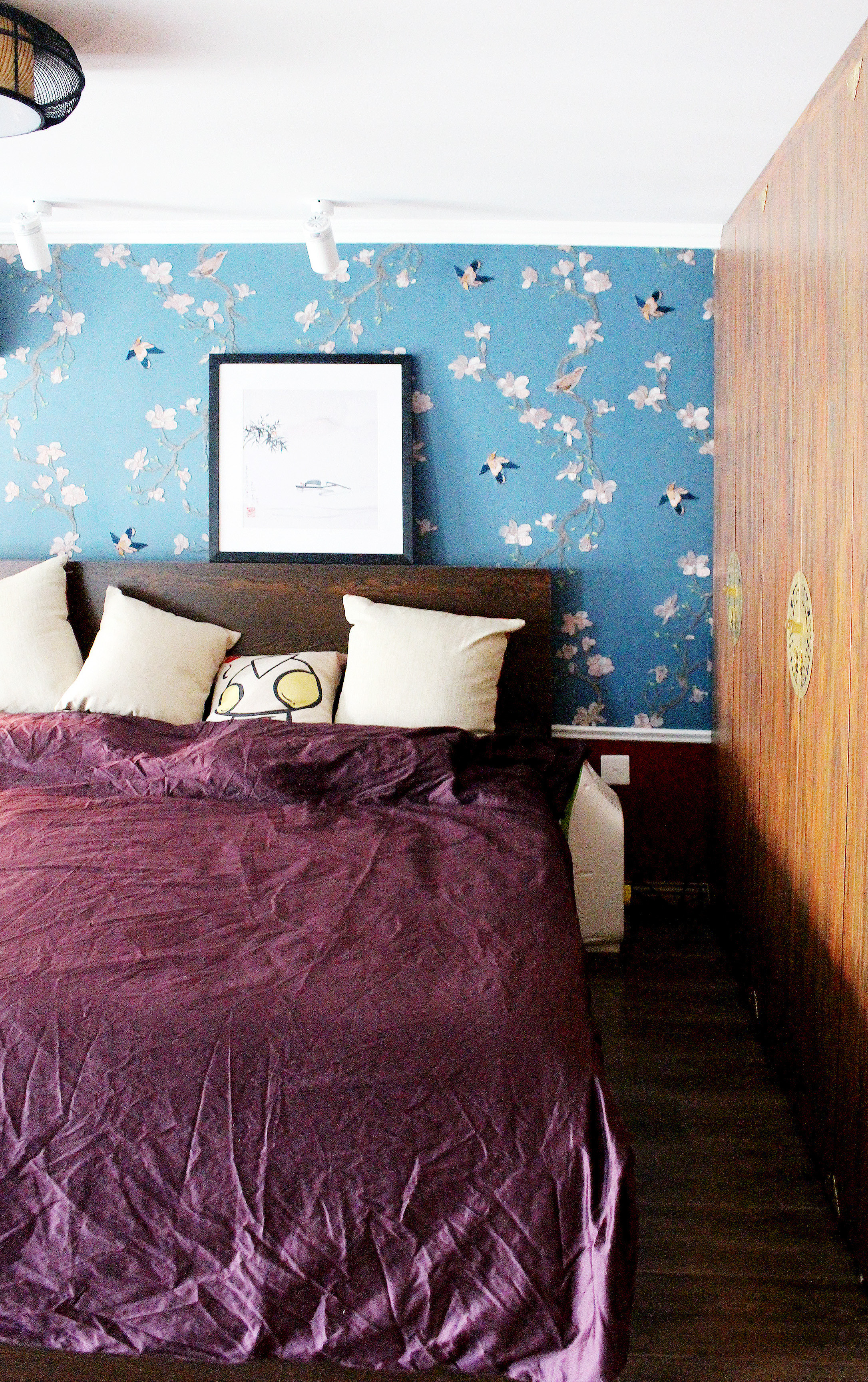 中式风格,复式装修,15-20万装修,100平米装修,卧室,卧室背景墙,壁纸,蓝色