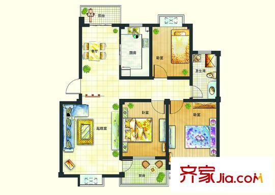 恒邦幸福里户型图A4户型 3室2厅1卫1厨