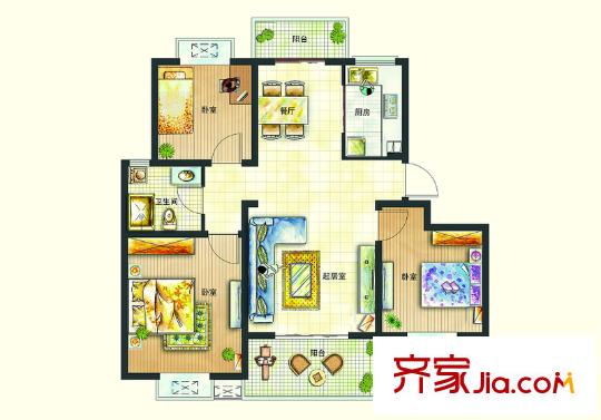 恒邦幸福里户型图B2户型 3室2厅1卫1厨