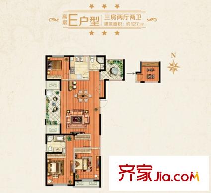 金色年华12#13#东户E户型 3室2厅2卫